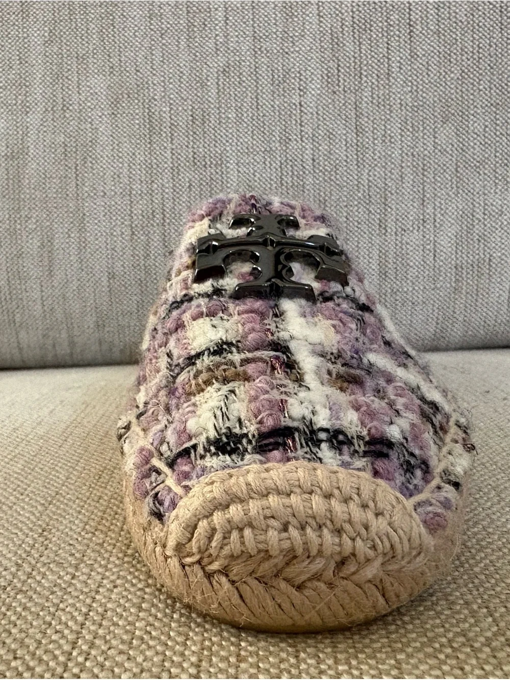 New TORY BURCH EVERLY TWEED ESPADRILLE BLACK WHITE PURPLE Size 8.5